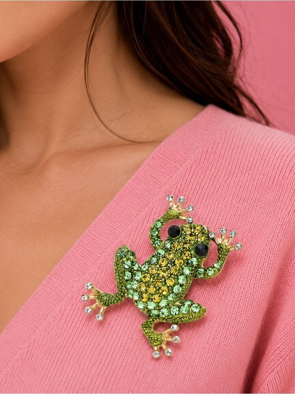 Green Frog Gold Crystal Brooch